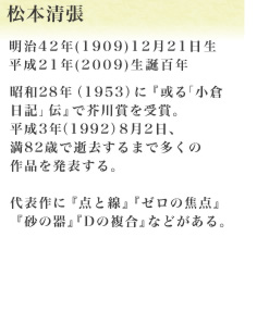 松本清張　明治42年(1909)12月21日生　平成21年(2009)生誕百年　昭和28年（1953）に『或る「小倉日記」伝』で芥川賞を受賞。平成三年（1992）8月2日、満82歳で逝去するまで多くの作品を発表する。代表作に『点と線』『ゼロの焦点』『砂の器』『Dの複合』などがある。